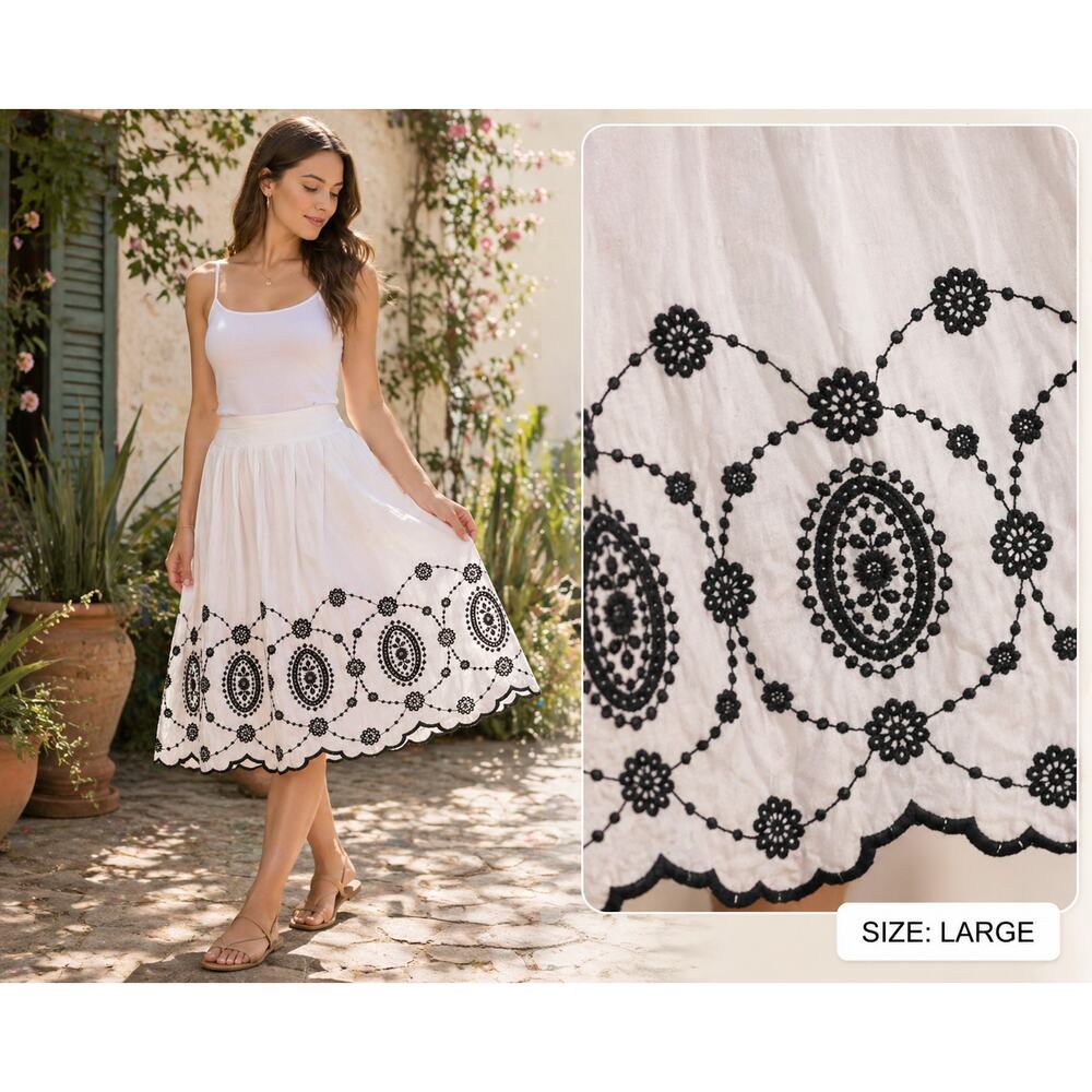 White Embroidered Cotton Skirt L Boho Festival Cottagecore Knee Length Fit Flare